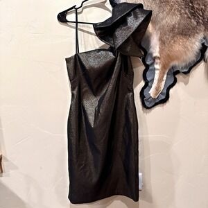 Eliza J 12 Gold Black Metallic‎ One Shoulder Ruffle Cocktail Dress Party Holiday